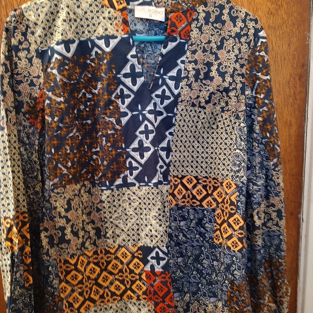 Navy and Orange Patterned Women's Shirt